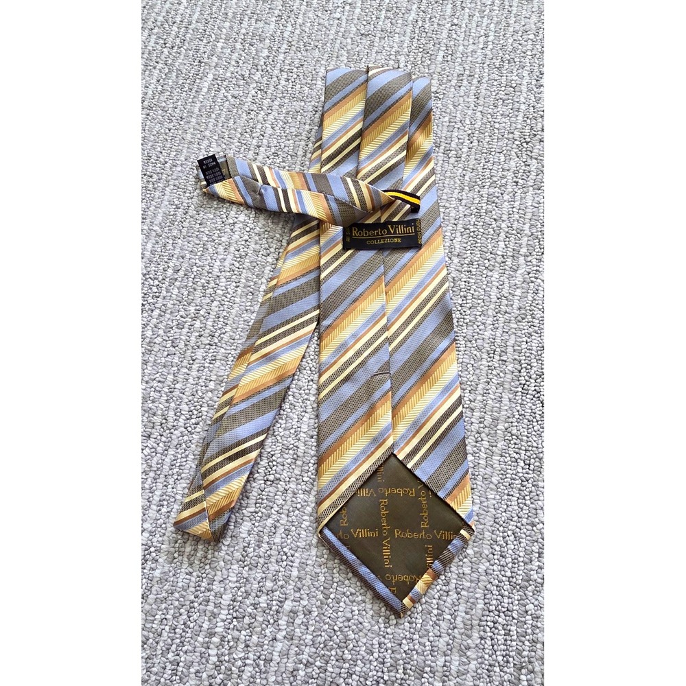 Roberto Villini Men's Woven Silk Striped Pointed Tie Logo Blue Gray Gold